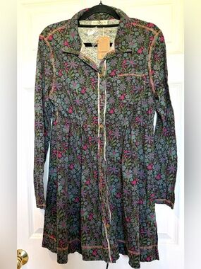 Natural Life Floral Button Front Long Sleeve Dress NWT Boho Blue/Green- Size M